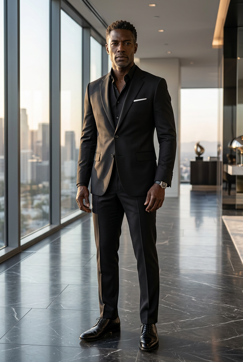#3 — Black Model, Black Suit, Office Lobby