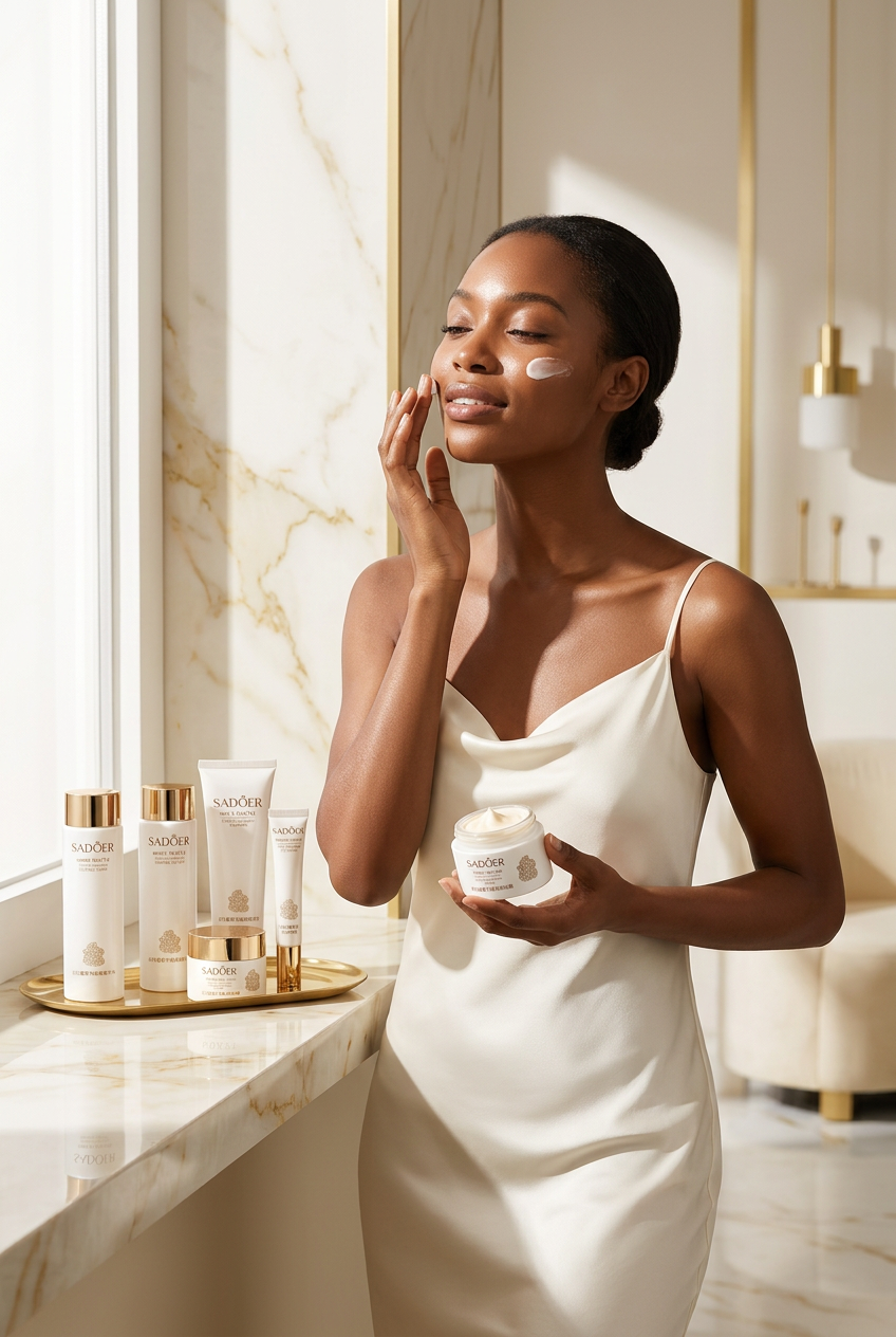 #3 — Lifestyle, Black Woman, Cream & Gold Interior, Face Cream