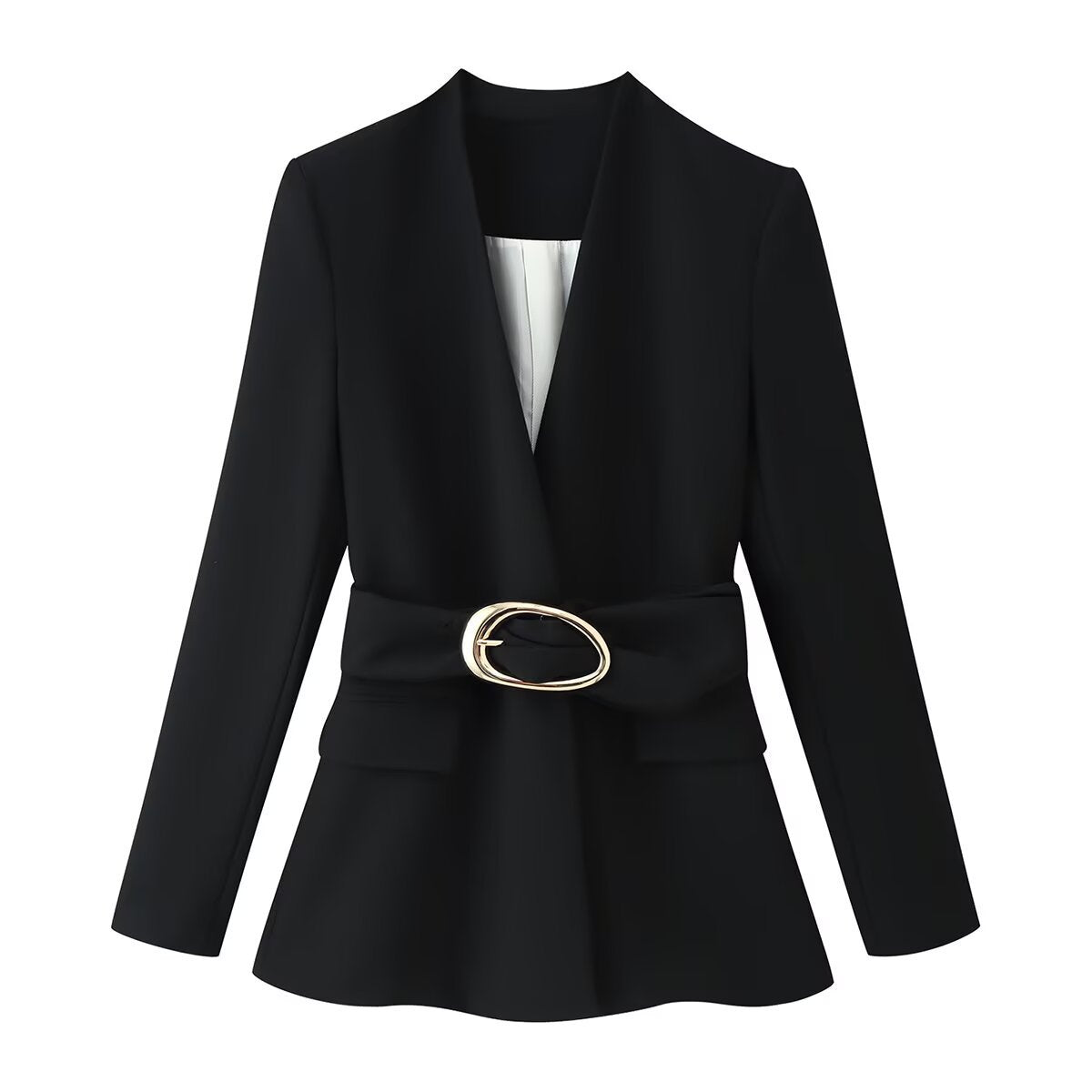 Ensemble blazer et pantalon à taille ceinturée pour femme – Col en V, noir