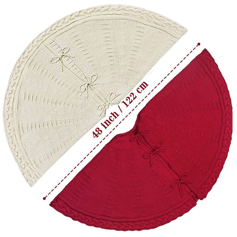 Cream and red knitted Christmas tree skirt with cable knit border, 48 inch diameter