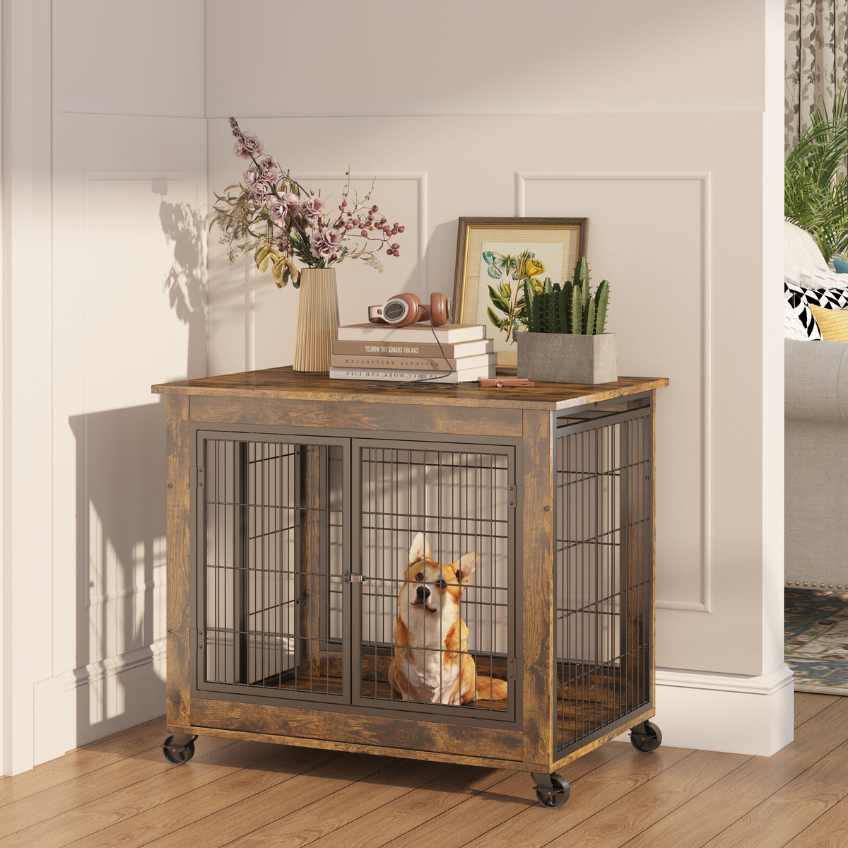 Furniture-Style Dog Crate & Side Table on Wheels – Rustic Brown with Lift Top & Double Doors