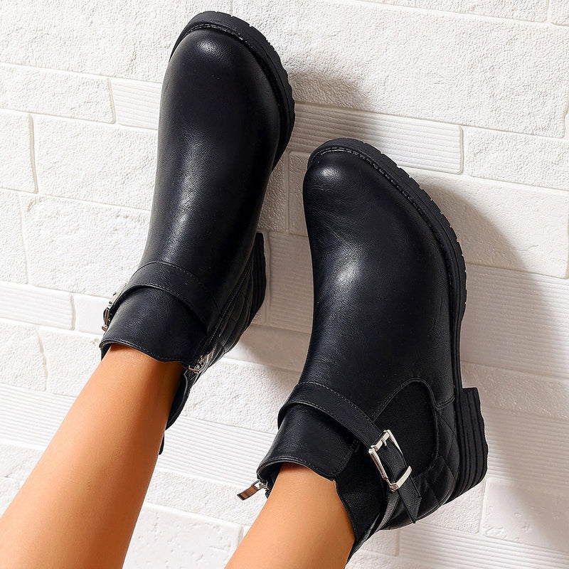 Moto | Women's Black PU Leather Ankle Boots | Buckle Strap | Side Zip | Block Heel