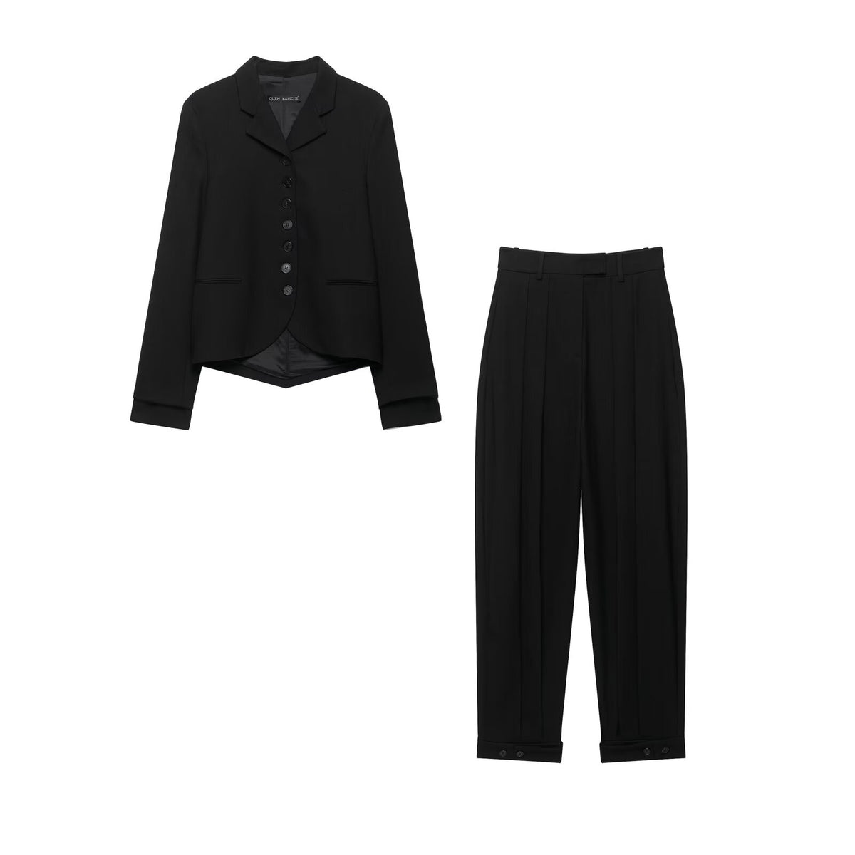 Women’s Single-Breasted Blazer & Pleated Strap Pants Set – Black