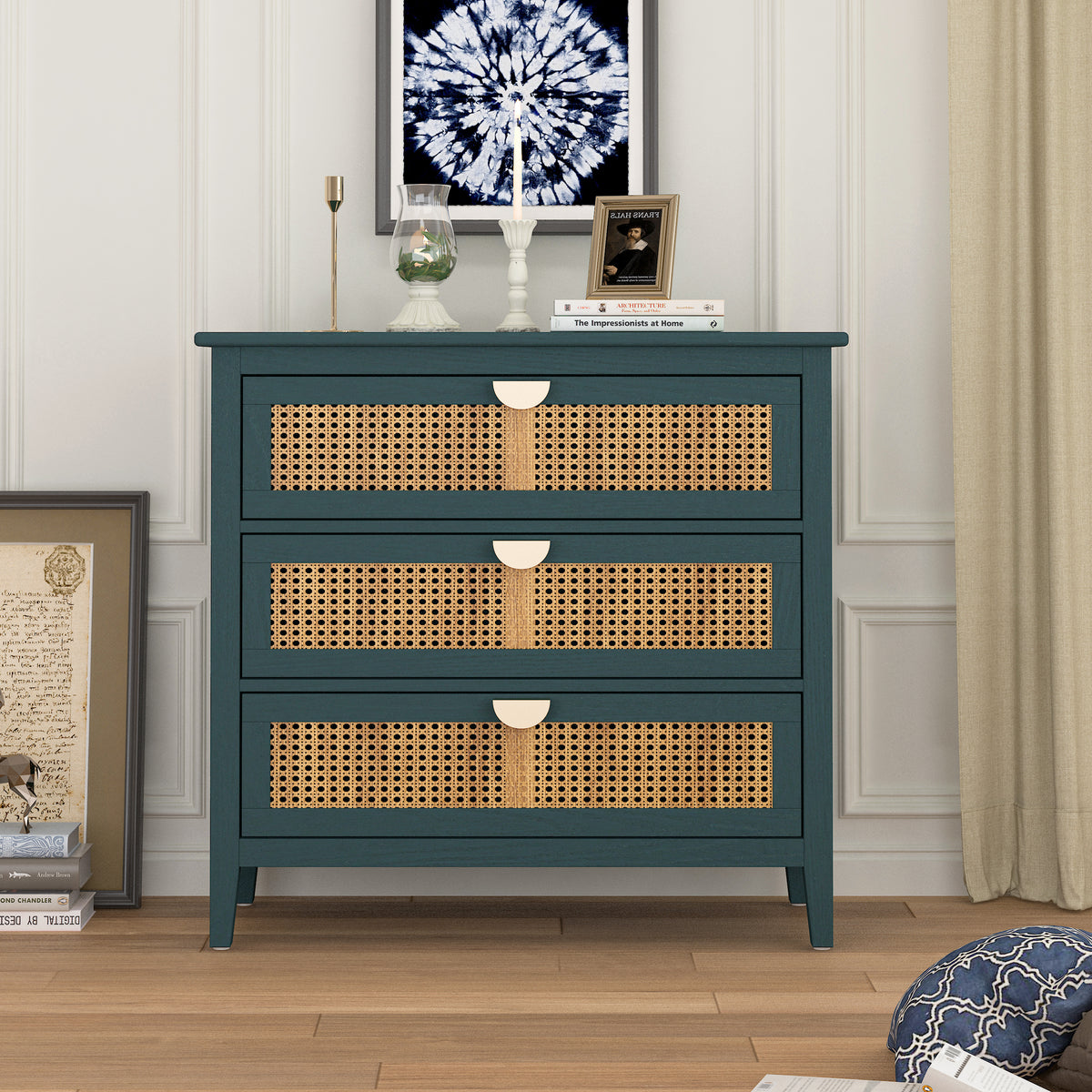 The Wren | Three-Drawer Green Rattan Dresser