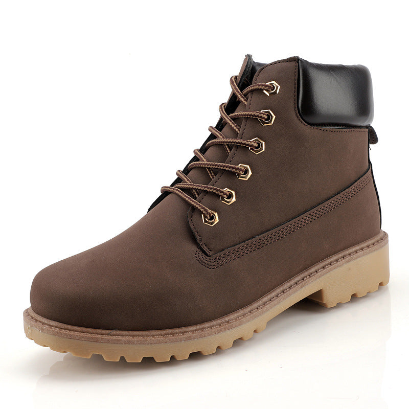 Solid brown high-top snow boot with glossy heel counter