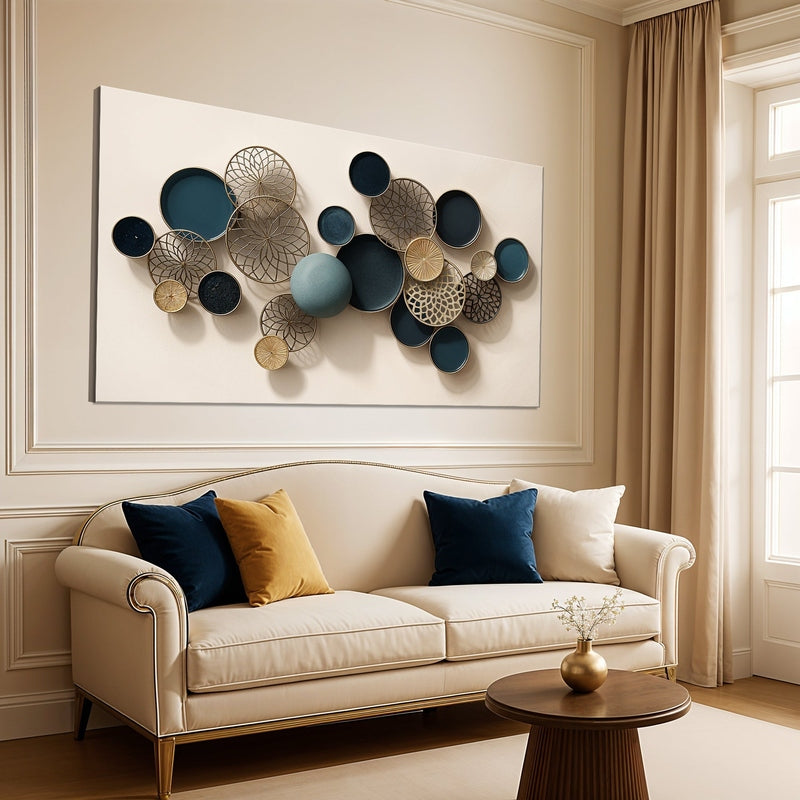 Abstract teal gold canvas hanging above cream sofa near window