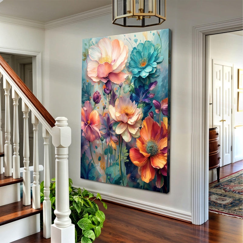 Colorful floral canvas art hanging in modern home entryway