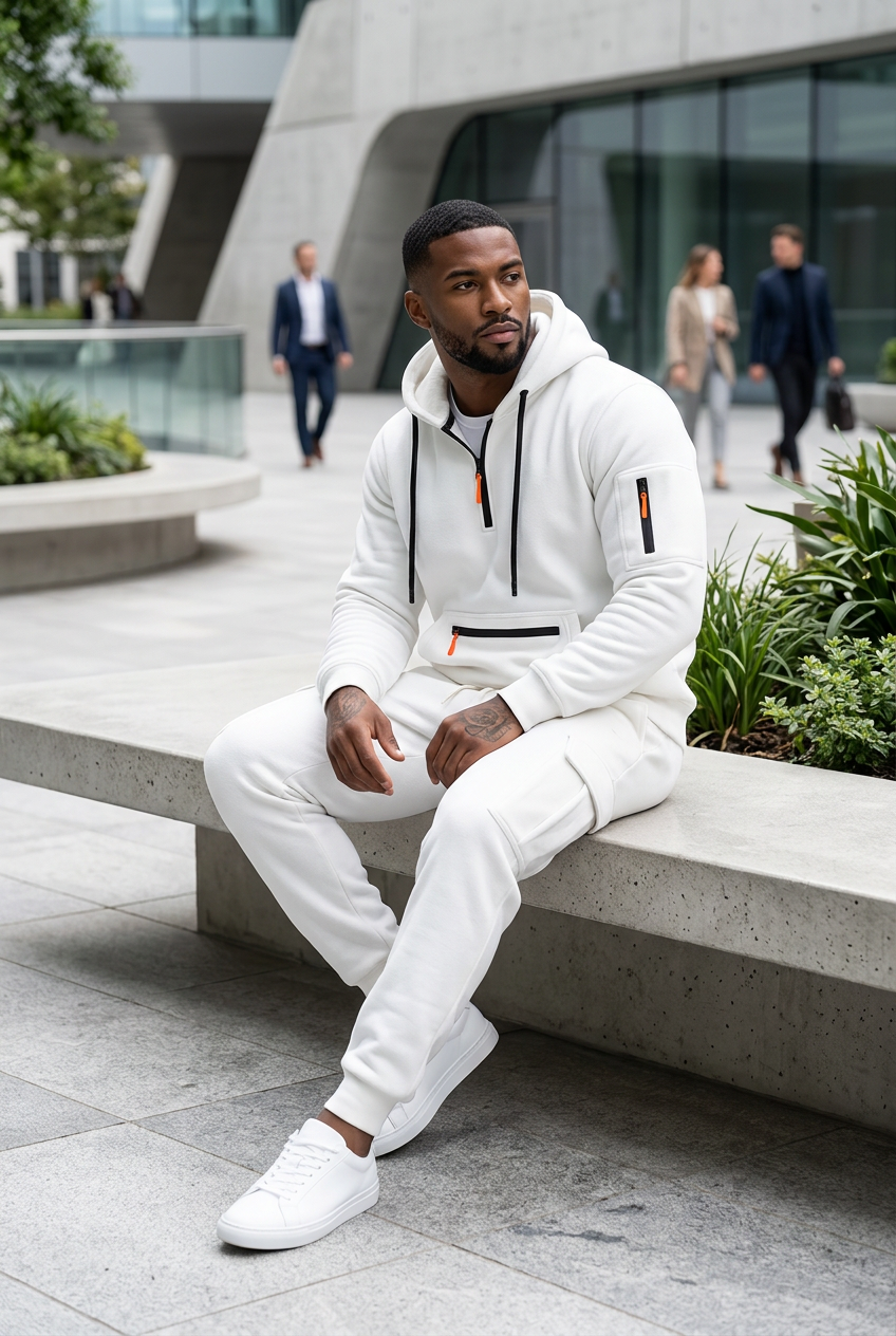 #4 — Black Model, White Set, Urban Outdoor Seated