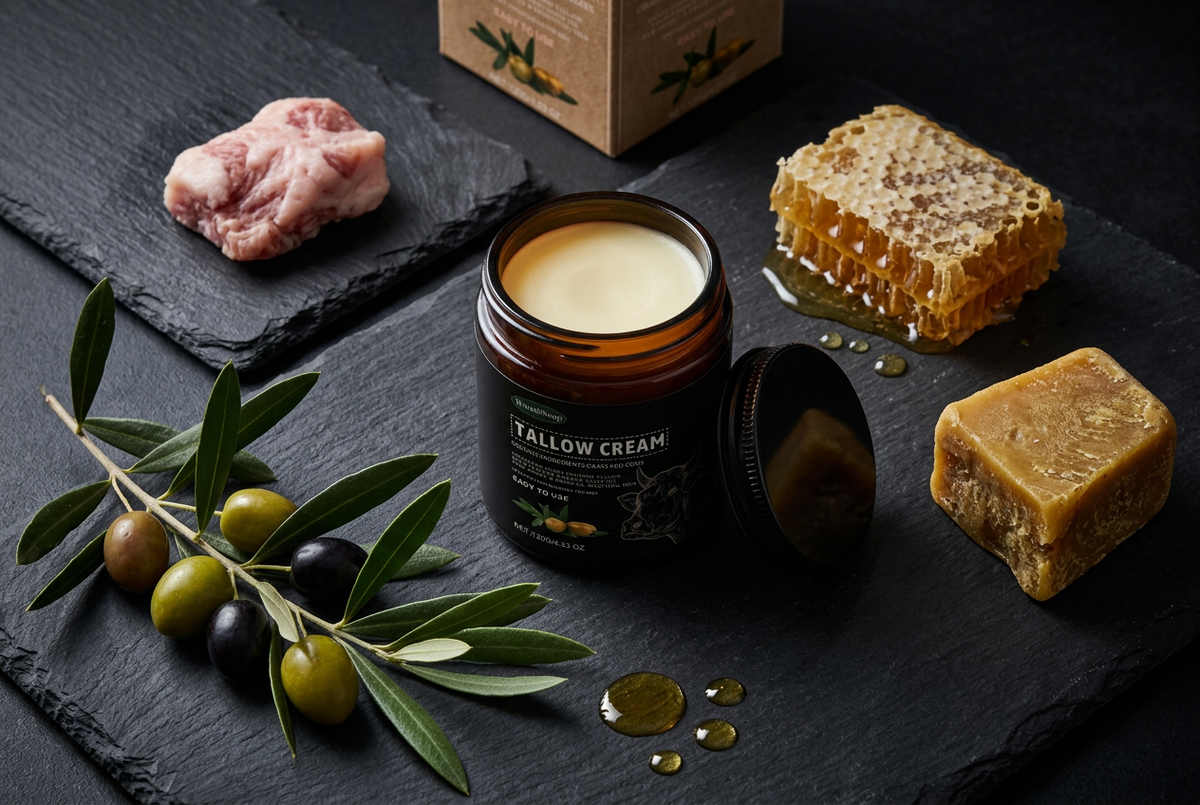 #4 — Ingredients Flat Lay, Dark Slate, Tallow + Honey + Olive
