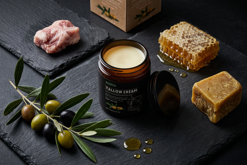#4 — Ingredients Flat Lay, Dark Slate, Tallow + Honey + Olive