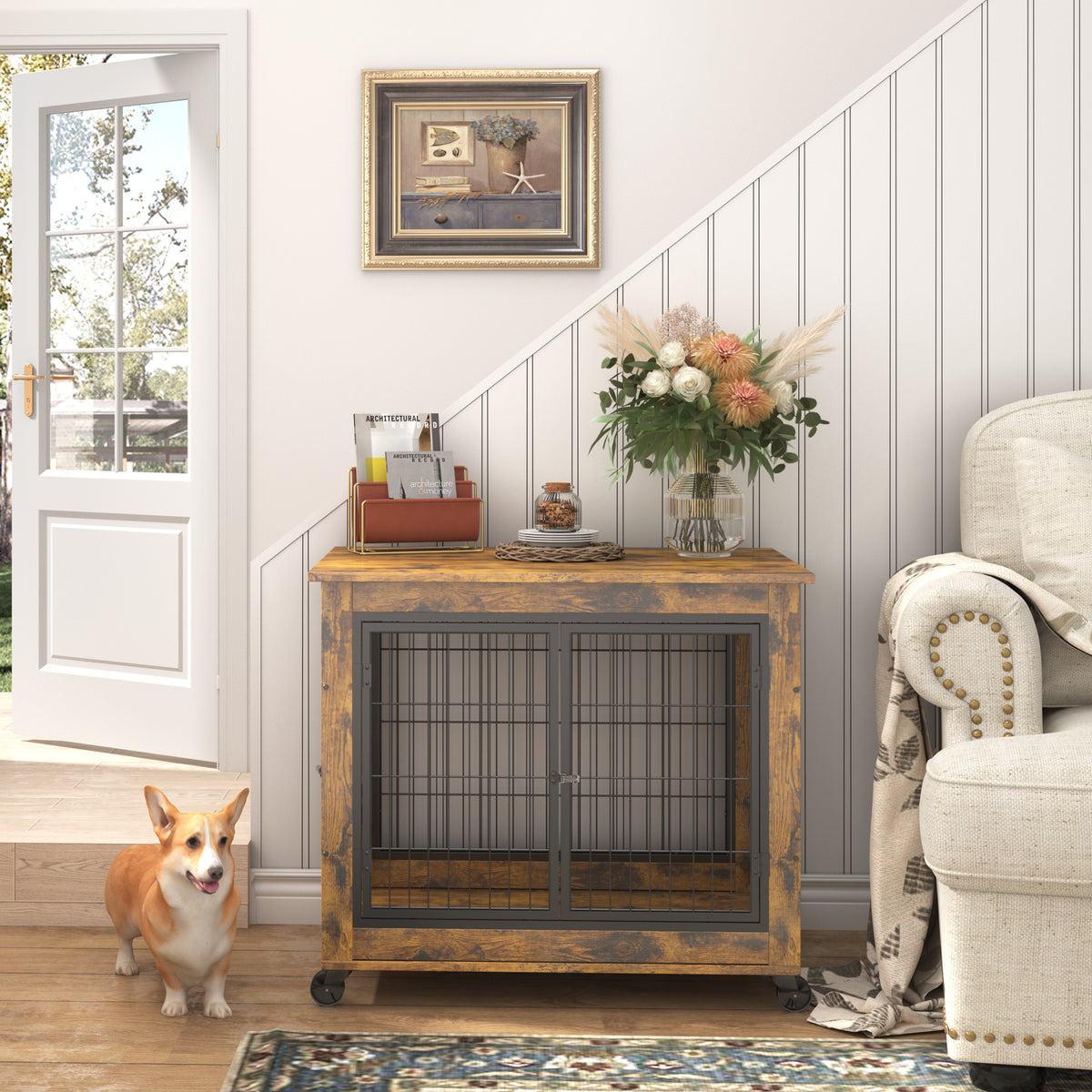 Furniture-Style Dog Crate & Side Table on Wheels – Rustic Brown with Lift Top & Double Doors