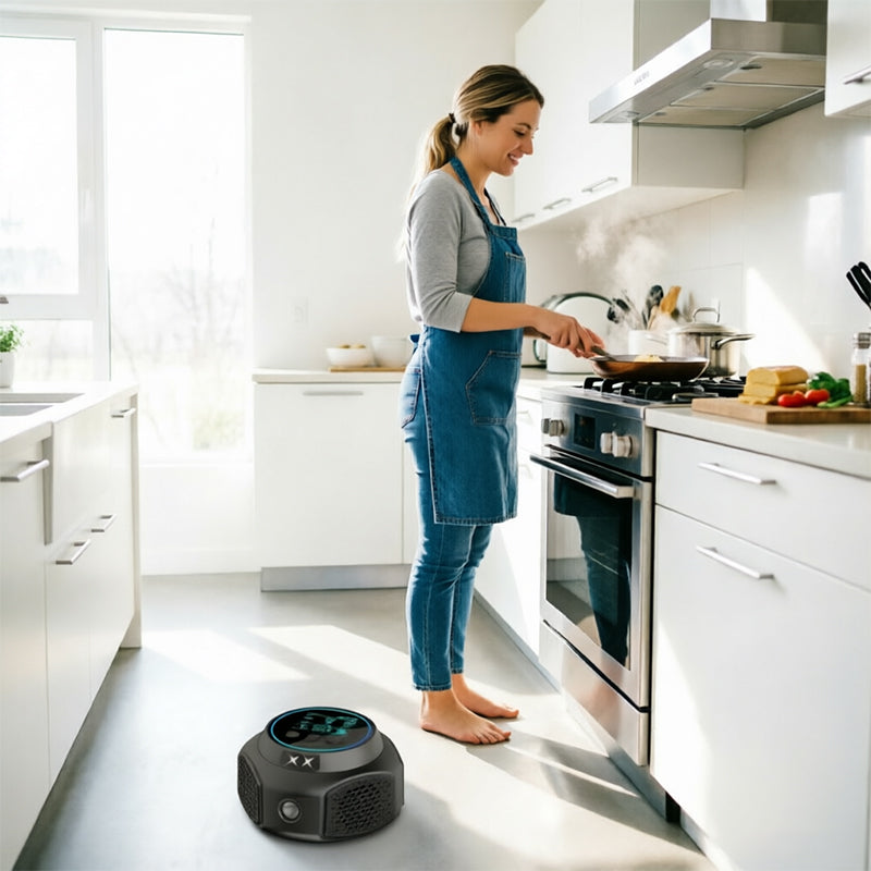Black hexagonal ultrasonic pest repeller on kitchen floor near cooking area