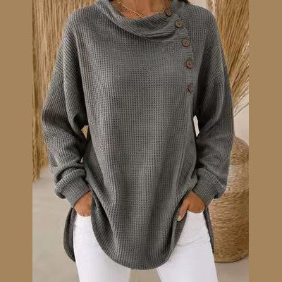 Women's dark gray waffle-knit button-up shirt with asymmetrical shoulder placket and cowl neck