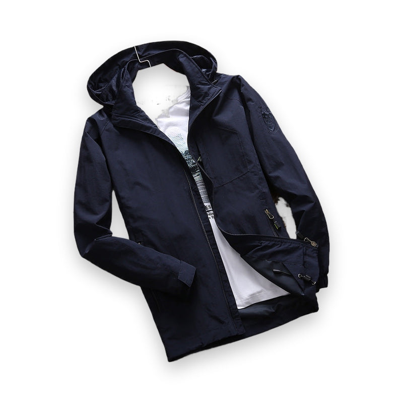 Men's lightweight navy hooded jacket with front zipper and side pockets