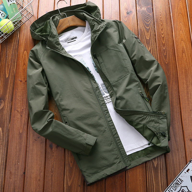 Army green men's hooded jacket open to reveal mesh-lined hood interior