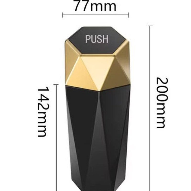 Size chart for black and gold car mini trash bin showing dimensions