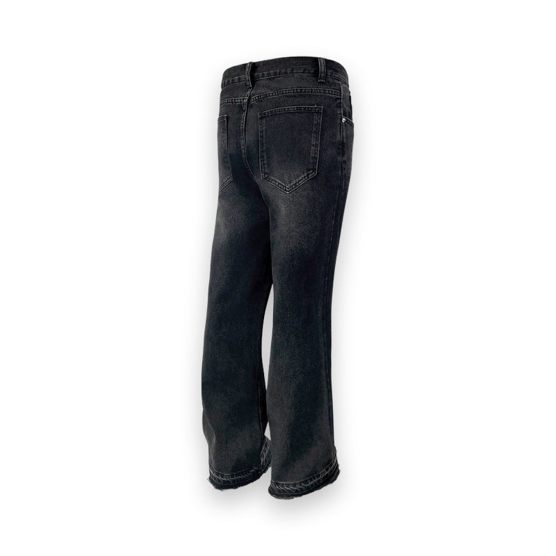 Rear angle of black straight leg cotton pants highlighting seam lines