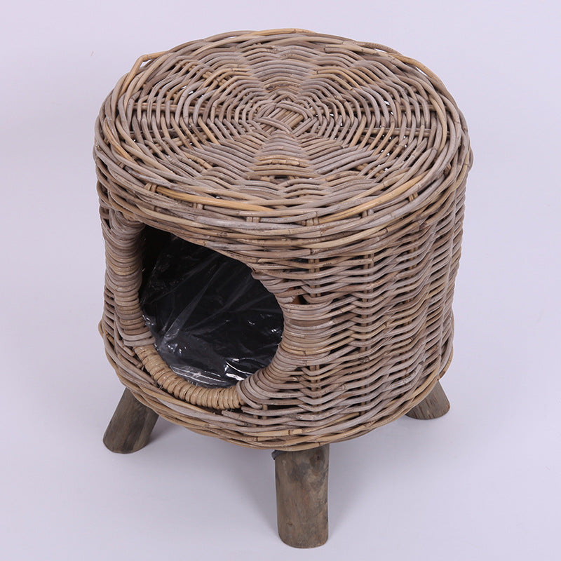 Bamboo Rattan Pet Stool & Cat/Dog Kennel – Round Semi-Enclosed Breathable Pet House