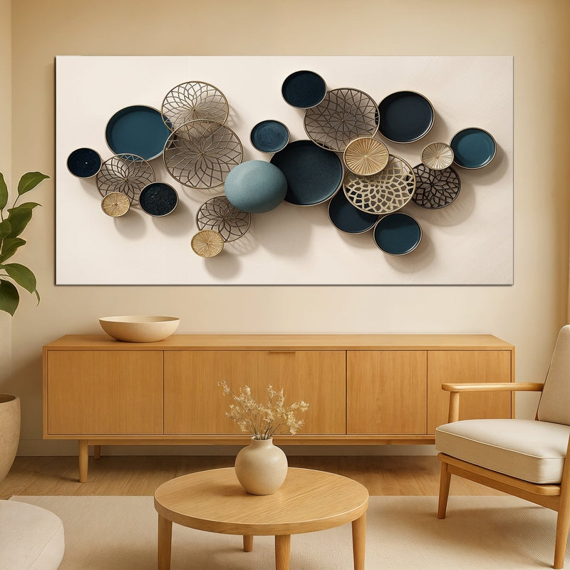 Blue gold abstract canvas hanging above wooden sideboard in living room