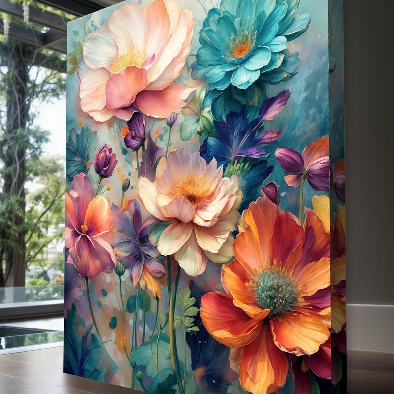 Landscape floral canvas standing near window with natural light