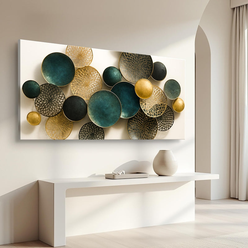 Gallery-wrapped canvas with raised circular designs above minimalist console table