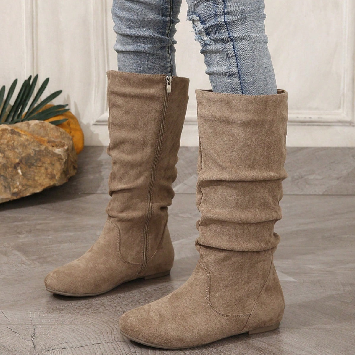 The New Yorker | Women's Slouchy Suede Mid-Calf Flat Boots | Cream