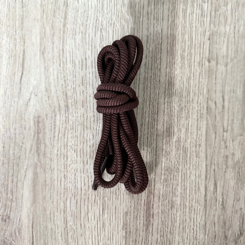 Dark brown round ribbed shoelaces with spiral weave