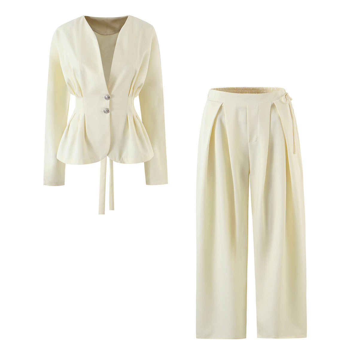 Women’s V-Neck Jacket & Pants Set – Long Sleeve, Beige Co-Ord