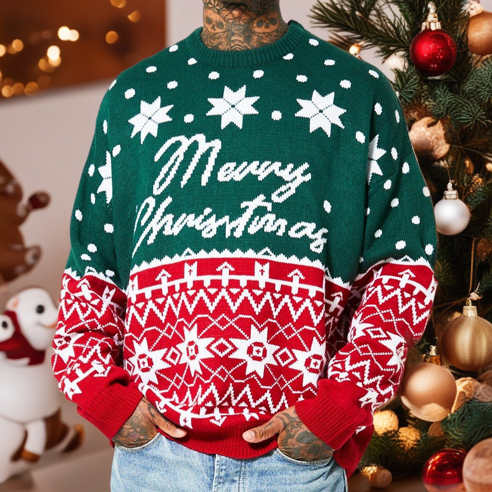 Christmas Jacquard Loose Hooded Sweater – Men's Knitwear (2 Colors)