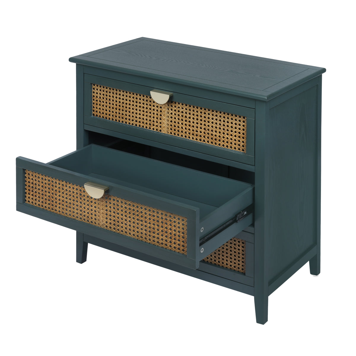 The Wren | Three-Drawer Green Rattan Dresser