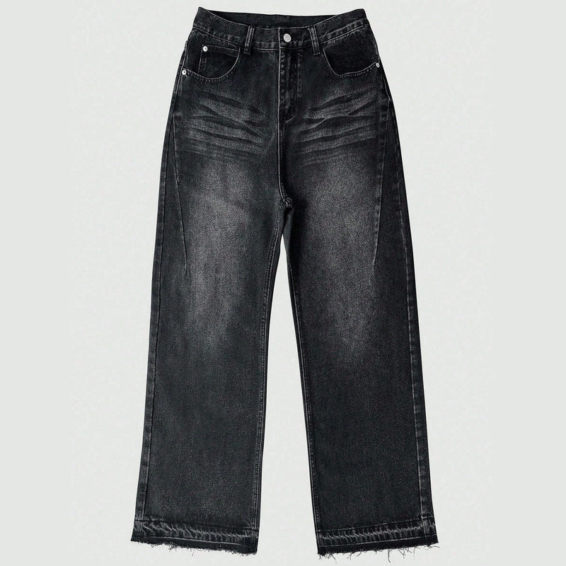 Full length black washed cotton pants with whiskering and distressed cuffs