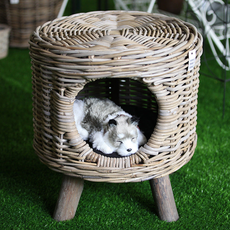 Bamboo Rattan Pet Stool & Cat/Dog Kennel – Round Semi-Enclosed Breathable Pet House