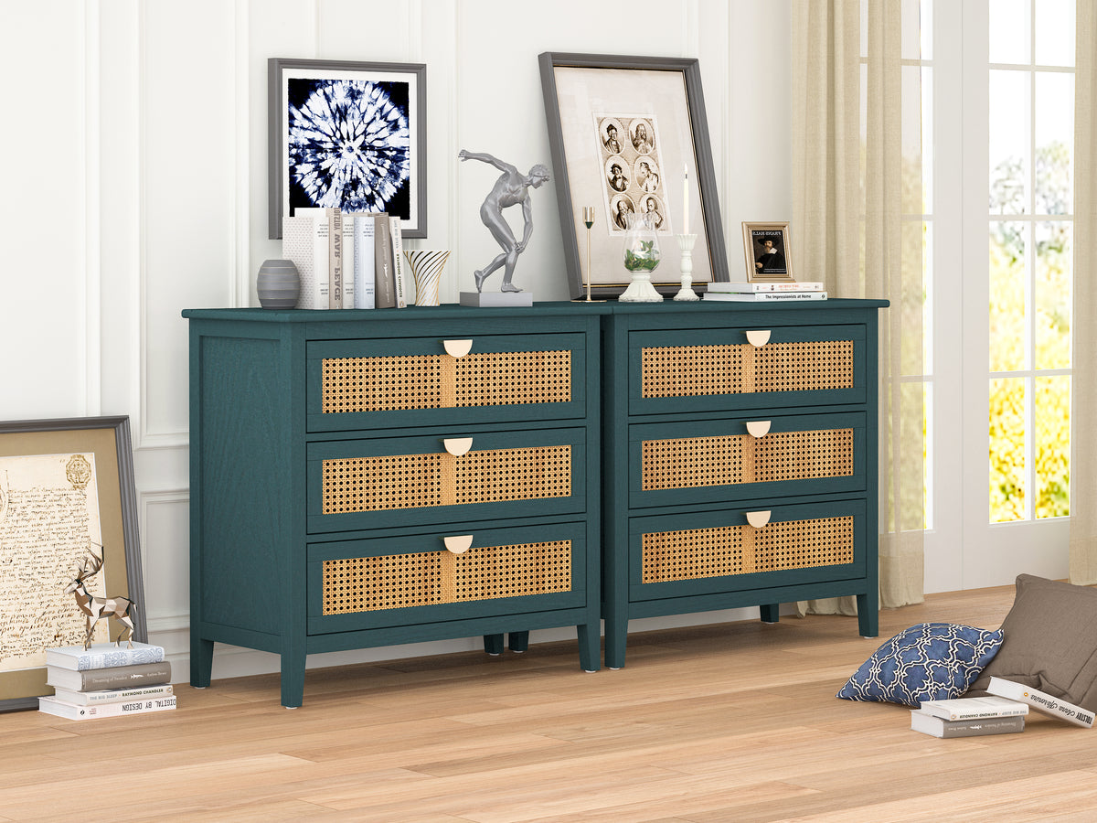 The Wren | Three-Drawer Green Rattan Dresser