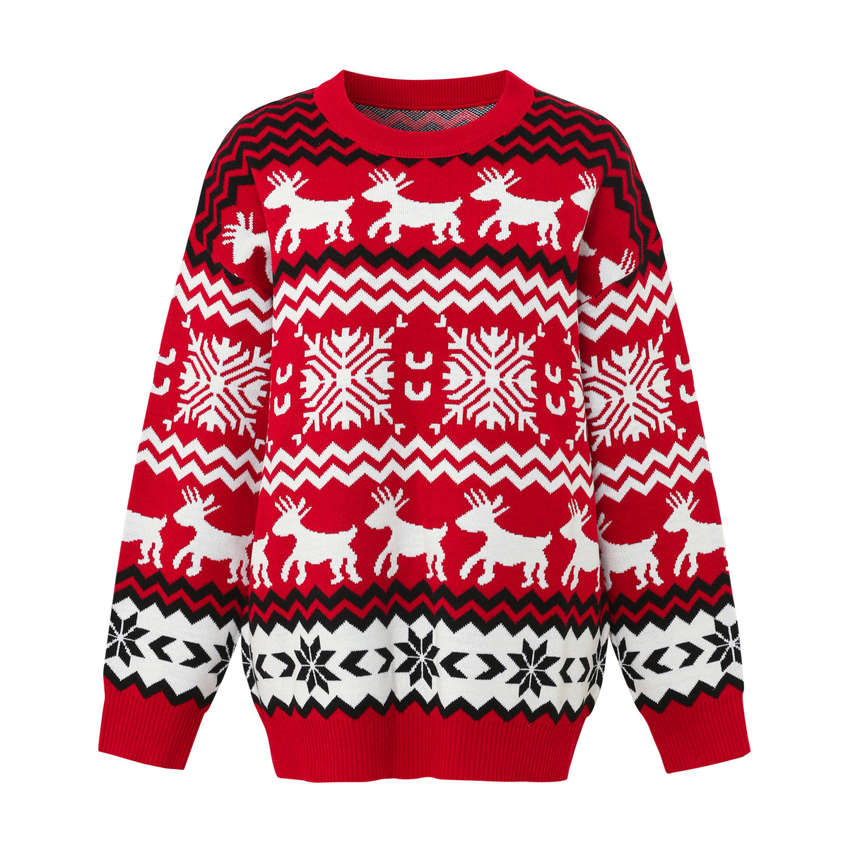 Women's Christmas Jacquard Round Neck Knit Sweater – Red (S–XXL)