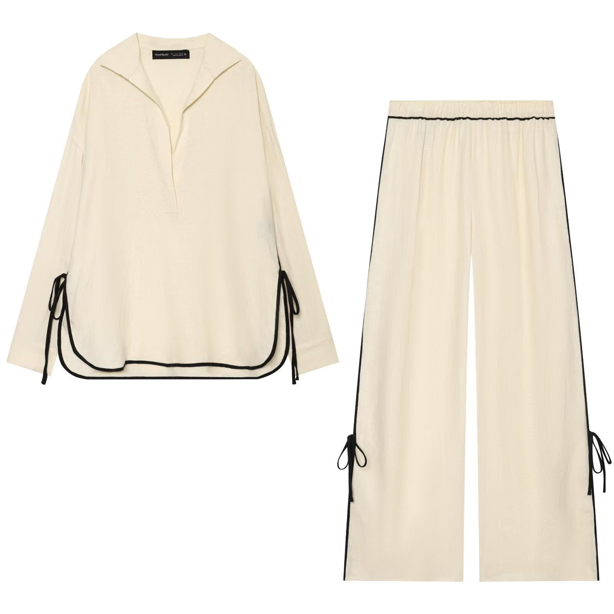 Women’s Linen Two-Piece Shirt & Pants Set – Long Sleeve, Beige