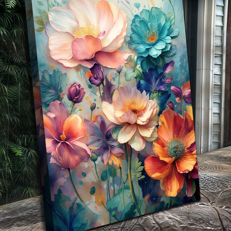 Close-up of vivid painted petals on Spring Bouquet canvas