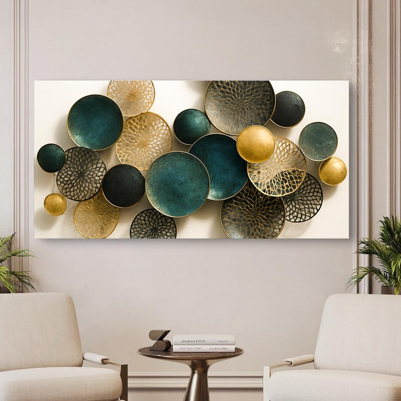 Abstract canvas art mounted on pale wall between beige armchairs in formal setting