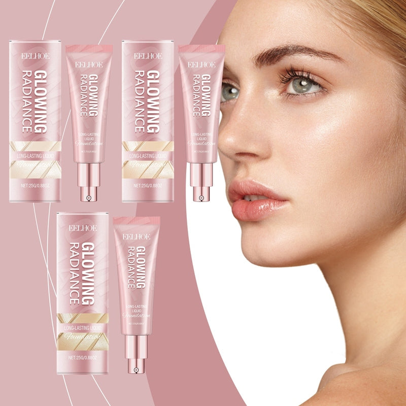 Blonde woman with glowing skin and floating EELHOE foundation products