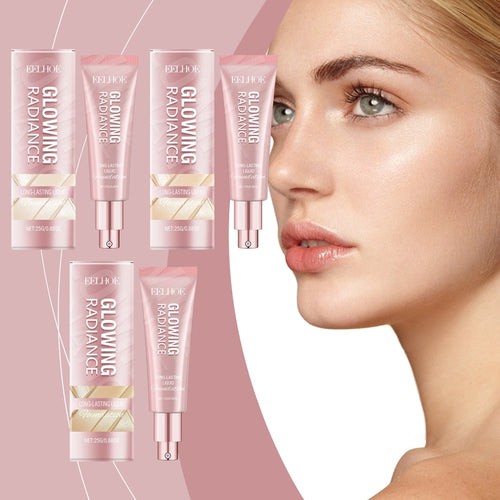 Blonde woman with glowing skin and floating EELHOE foundation products
