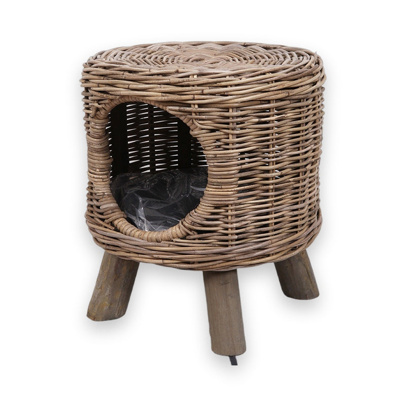 Bamboo Rattan Pet Stool & Cat/Dog Kennel – Round Semi-Enclosed Breathable Pet House