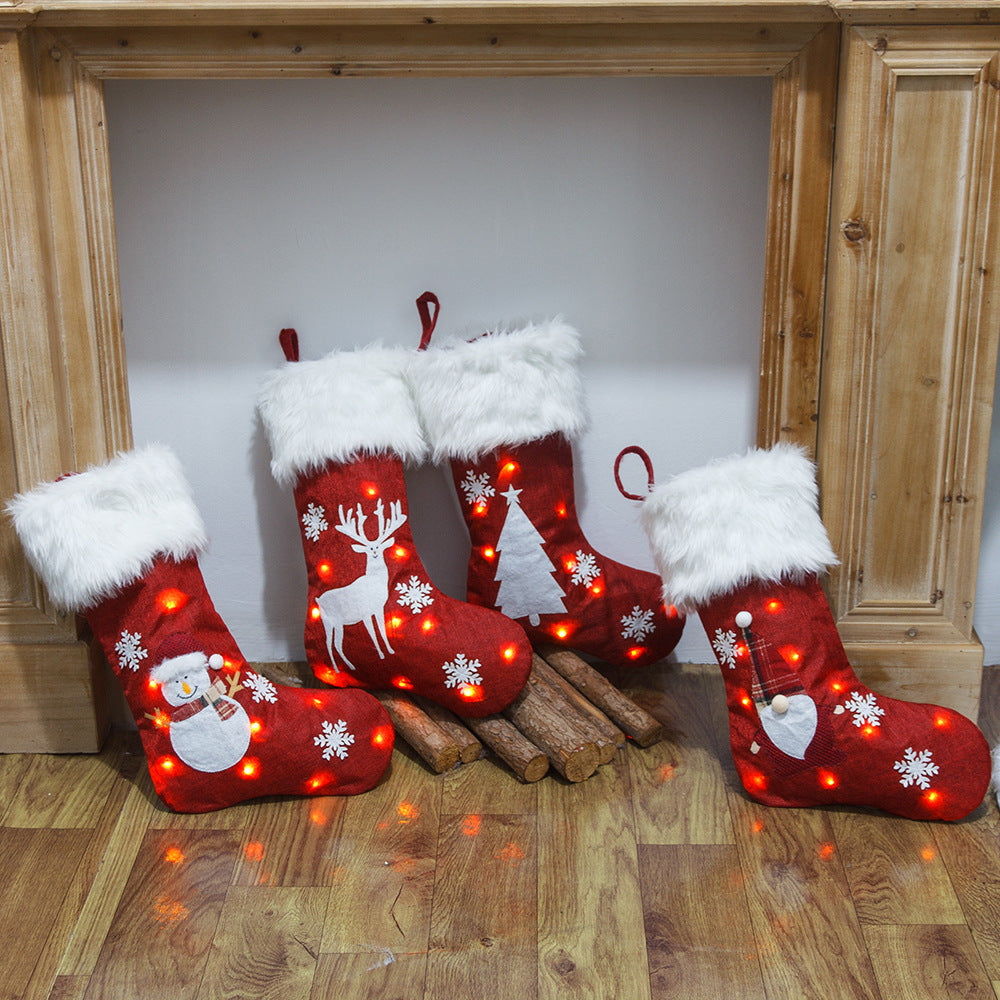 Light-Up Christmas Stocking Gift Bag – Linen Embroidery, 4 Styles (47×29cm)