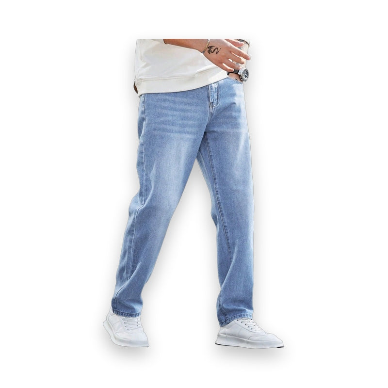 Men's light blue stretch denim jeans front view with straight leg cut and mid-rise fit