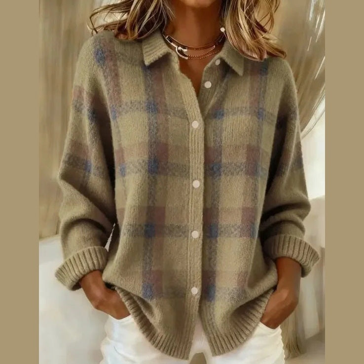 Khaki plaid button-up sweater in soft cotton