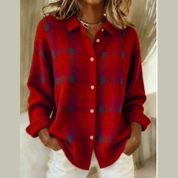 Women's red plaid loose button-down sweater with lapel collar