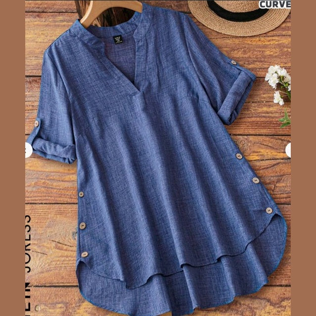 Blue plus size high-low blouse with notched neck and roll-tab sleeves