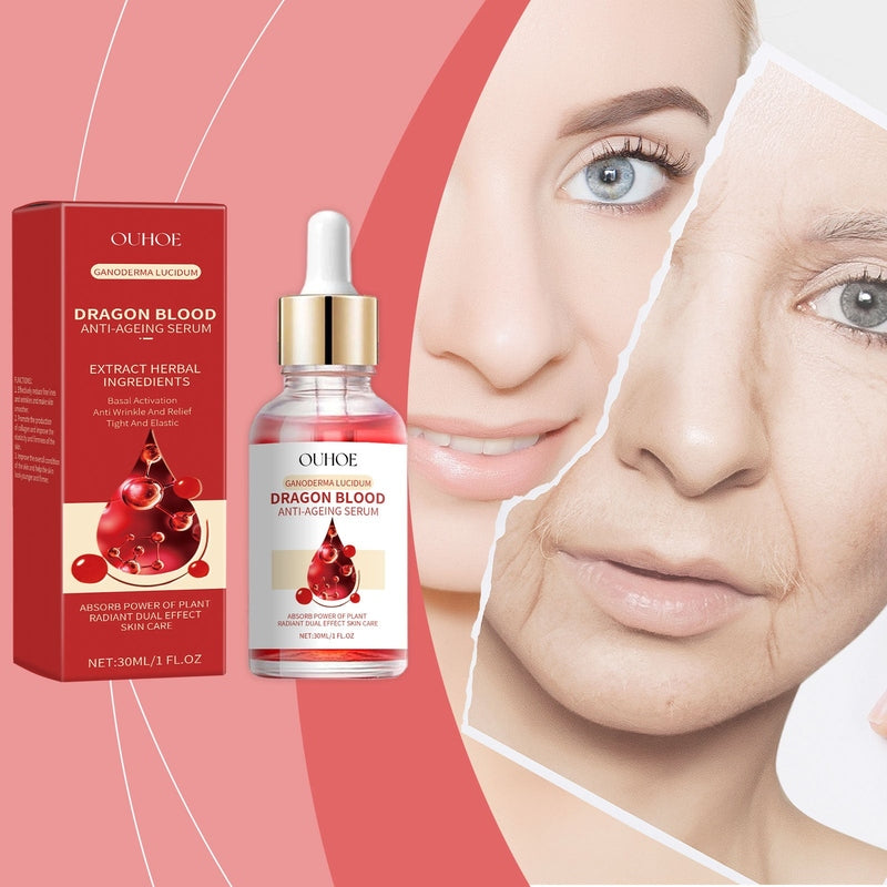 Before and after comparison of wrinkled vs smooth skin using OUHOE Dragon Blood Anti-Aging Serum