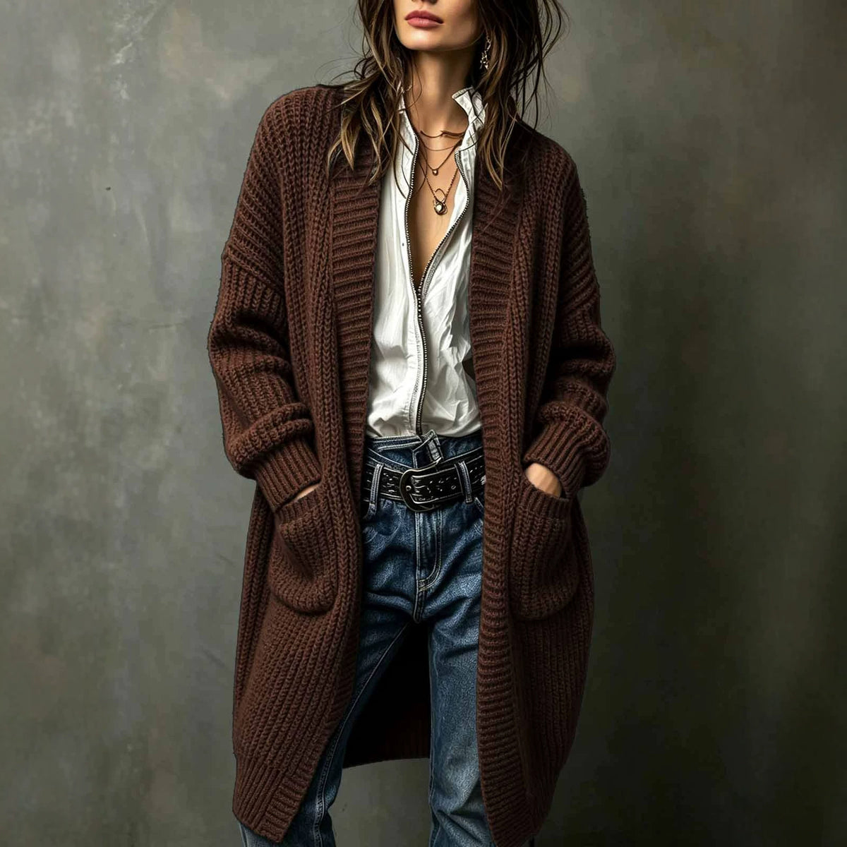 Long Weekend brown chunky-knit open cardigan with patch pockets, styled with jeans