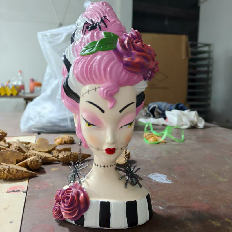 Halloween Pink Frankenstein Bride Half-Body Statue – Resin Home Decor