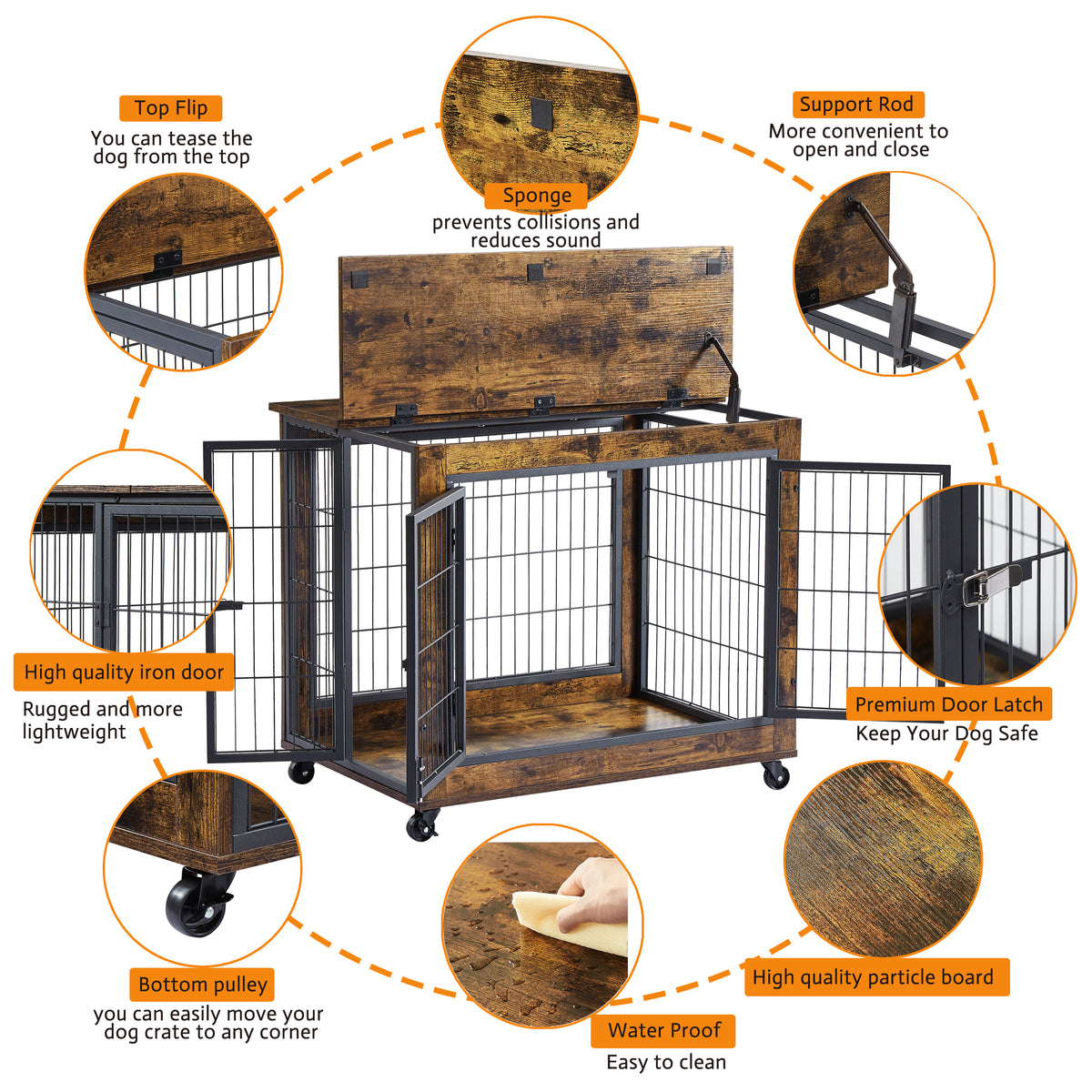 Furniture-Style Dog Crate & Side Table on Wheels – Rustic Brown with Lift Top & Double Doors