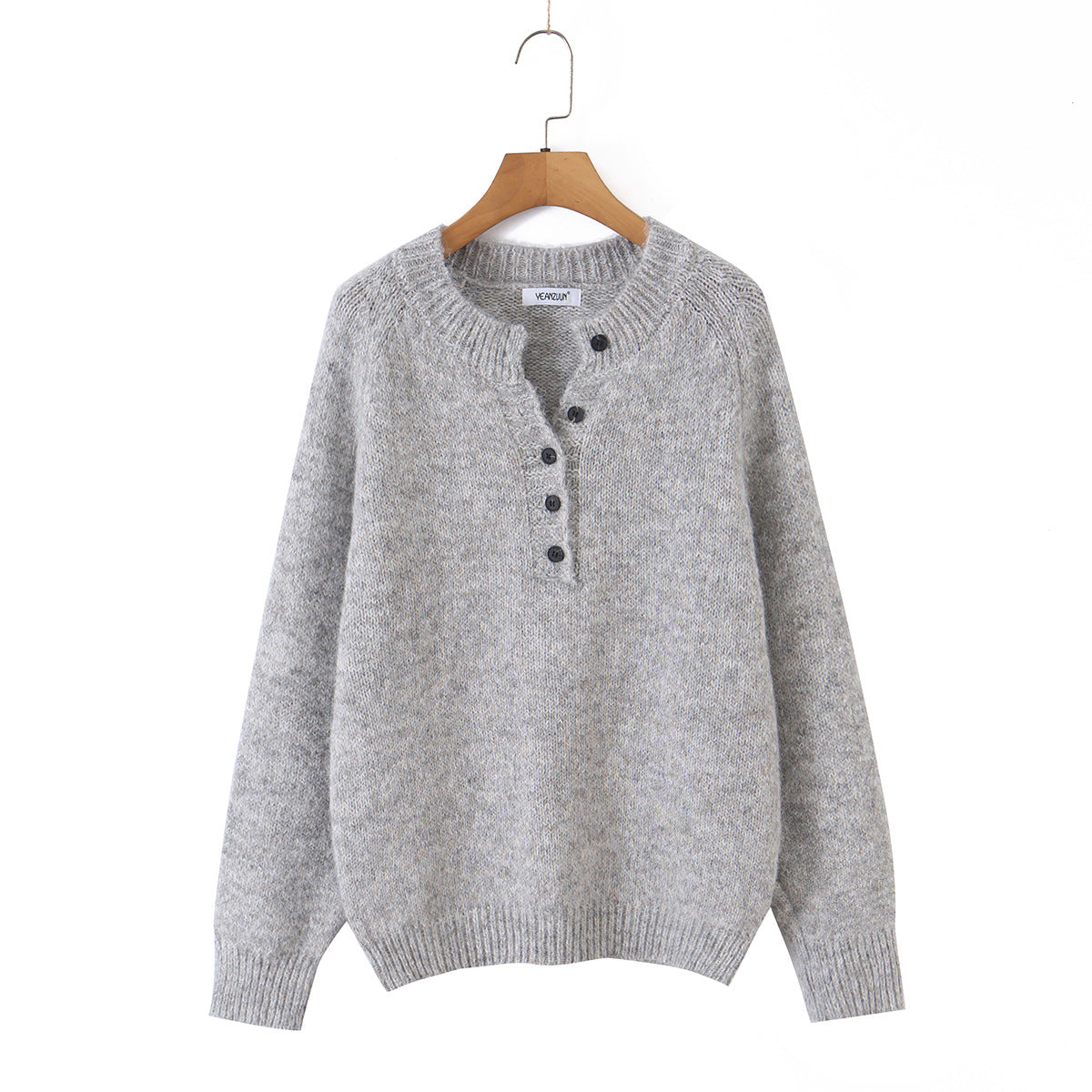 Women's Cropped Knit Pullover | Henley Button Collar | Loose Fit